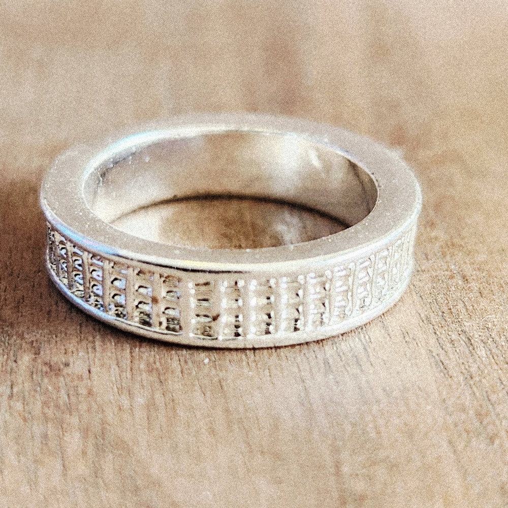 Silver Tone Textured Grid Band Ring Modernist Geometric Wide Statement Ring